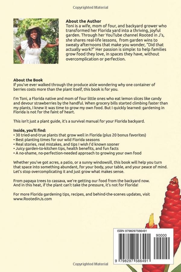 Book cover with text about the author and book content, featuring a woman and plants.