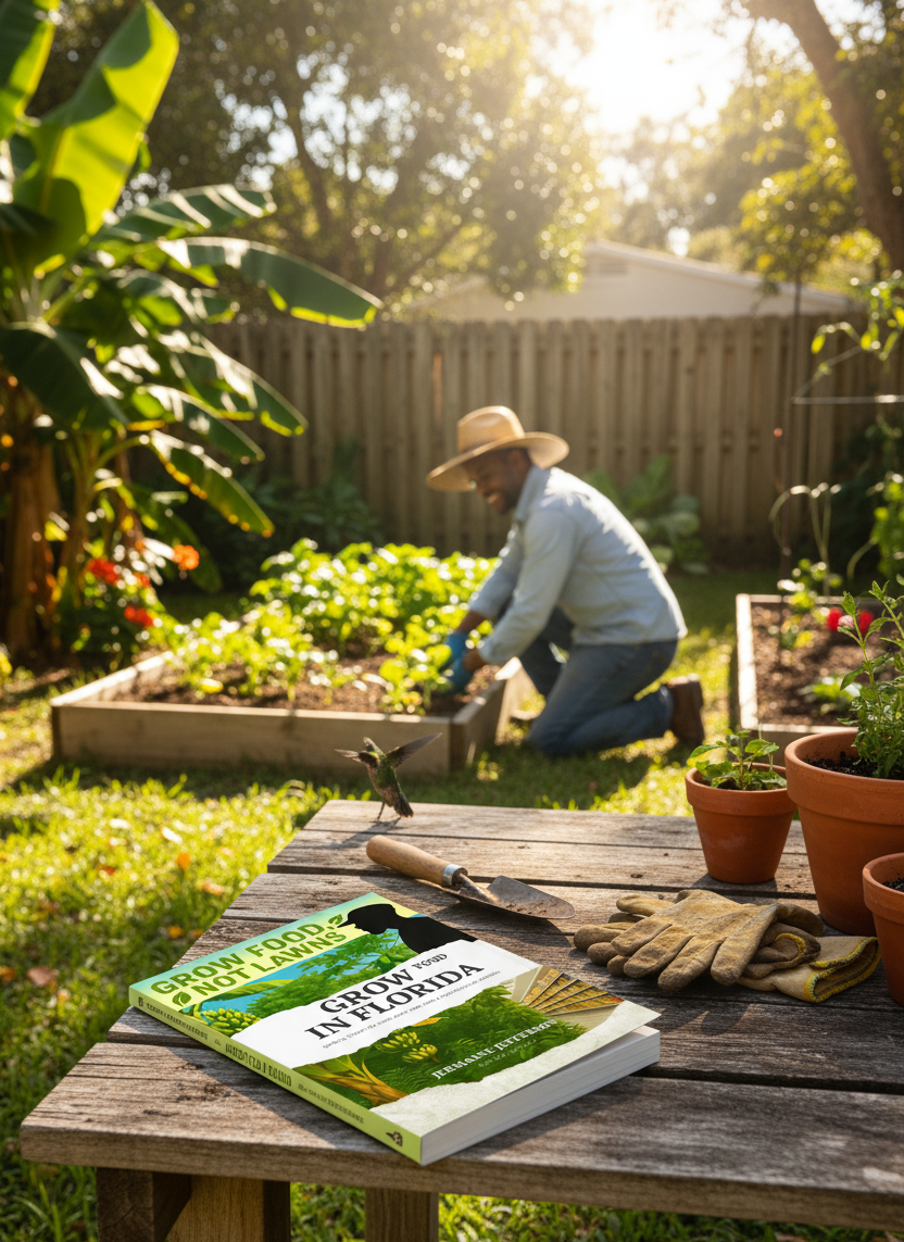Person gardening in a backyard with a book titled 'Grow in Florida' on a table.