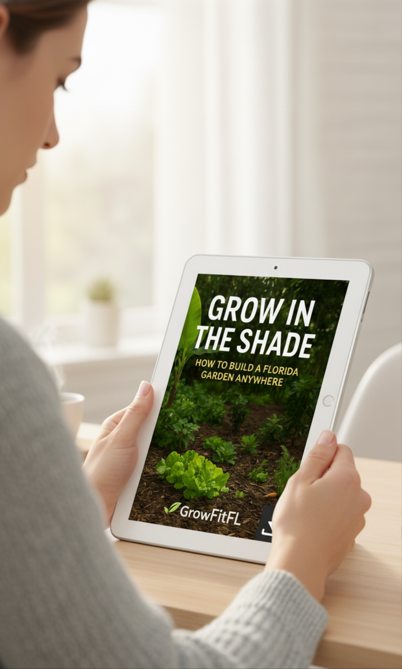 Person holding a tablet with 'Grow Fit FL' gardening guide on a table.