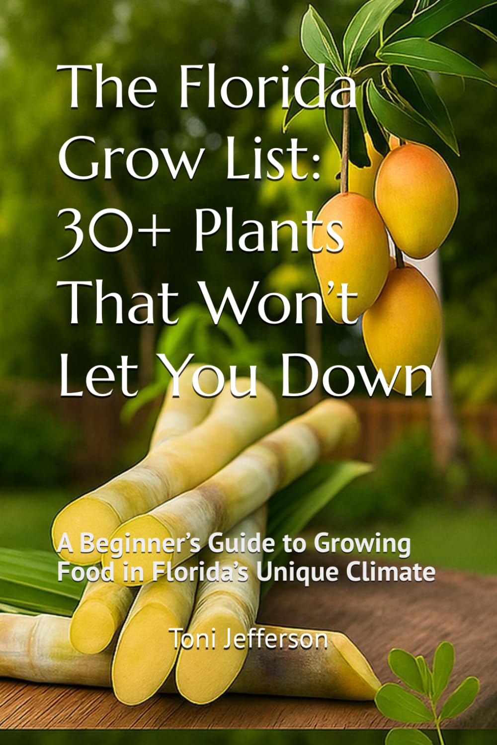 Book cover of 'The Florida Grow List' with plants and text on a wooden surface.