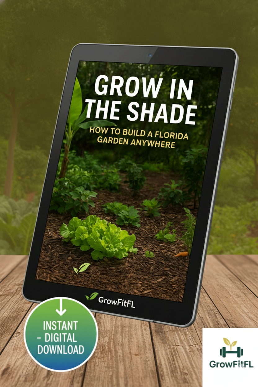 Digital download for 'Grow in the Shade' gardening guide on a tablet with a garden background.