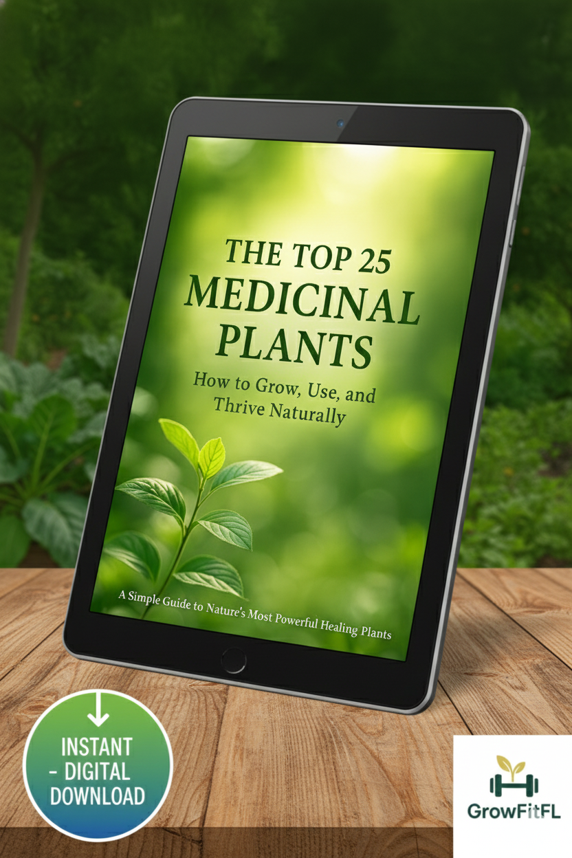 Tablet displaying an e-book titled 'The Top 25 Medicinal Plants' with a green leaf graphic on a wooden surface.