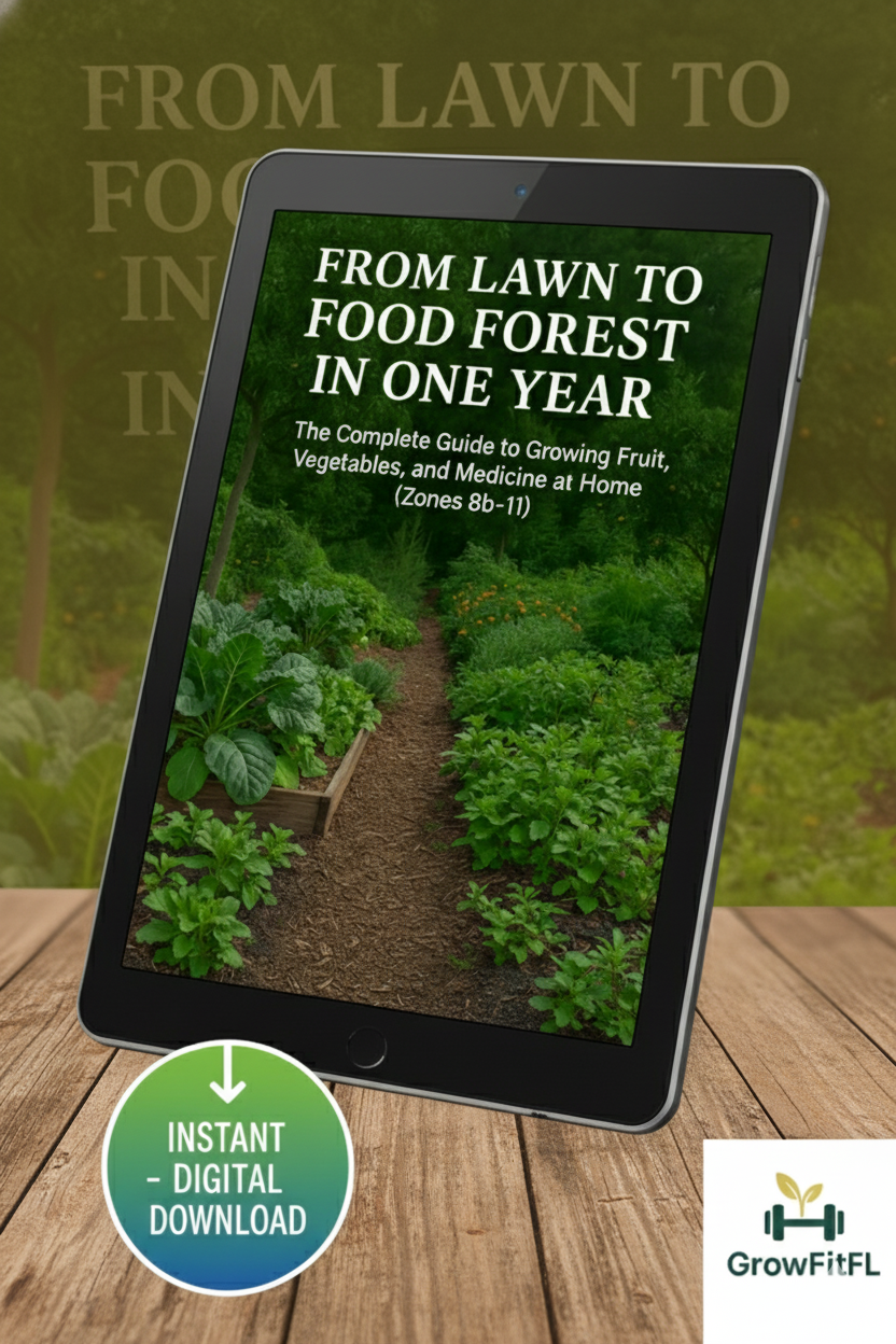Tablet displaying an eBook cover titled 'From Lawn to Food Forest in One Year' on a wooden surface with a garden background.
