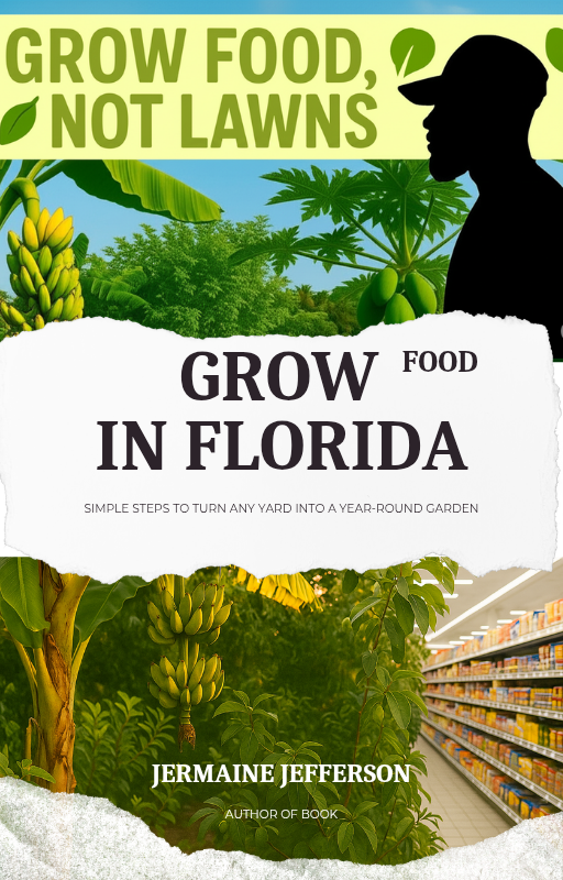 Book cover with silhouette of a person, plants, and supermarket shelves with text 'Grow Food, Not Lawns: Grow Food in Florida'.