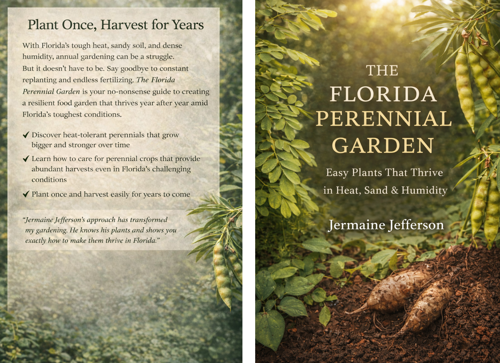 Inside spread of The Florida Perennial Garden book showing cover and plant-once harvest-for-years content by Jermaine Jefferson