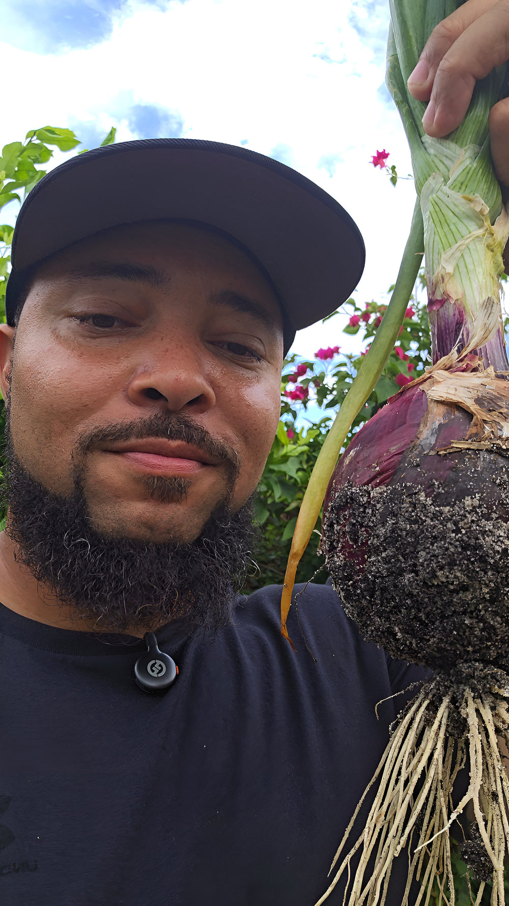 Jermaine Jefferson holding a freshly pulled red onion with sandy Florida soil on the roots