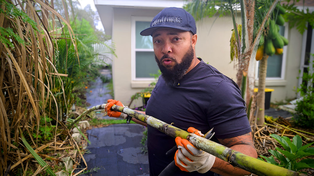Jermaine Jefferson cutting sugarcane in his backyard