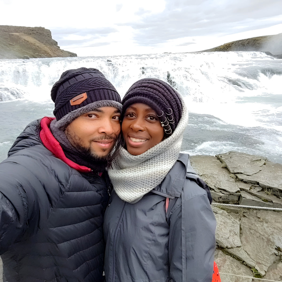 Jermaine and Toni Jefferson at a waterfall in Iceland