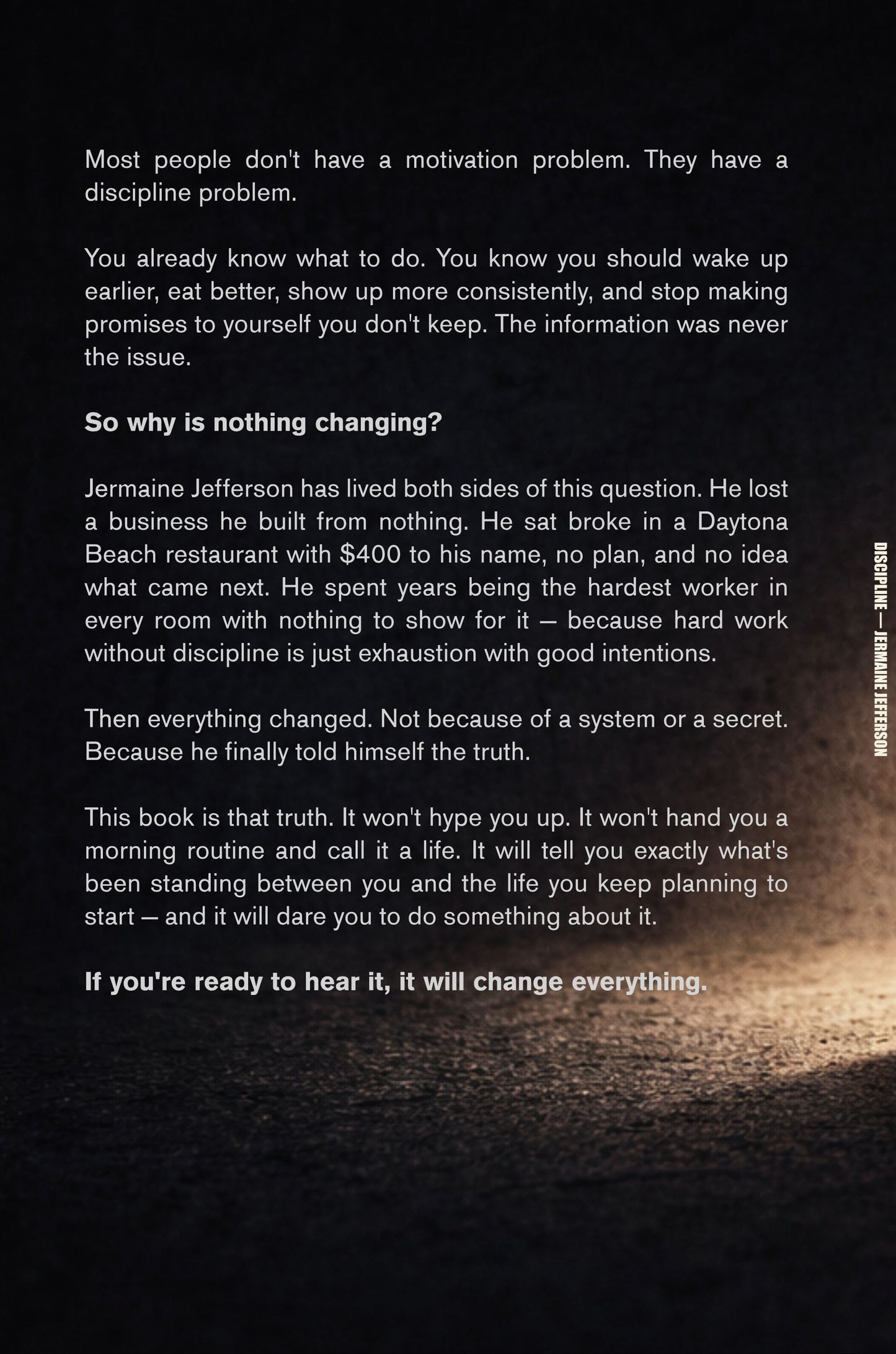 Interior spread of Discipline book by Jermaine Jefferson showing motivational text about discipline, habits, and mental strength