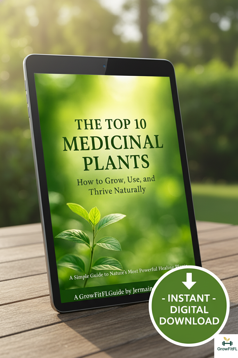 Ebook cover titled 'The Top 10 Medicinal Plants' on a tablet with a natural background