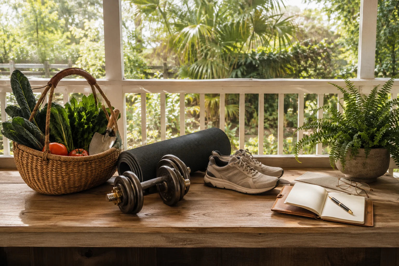 A harvest basket, training equipment and an open journal on a sunlit porch