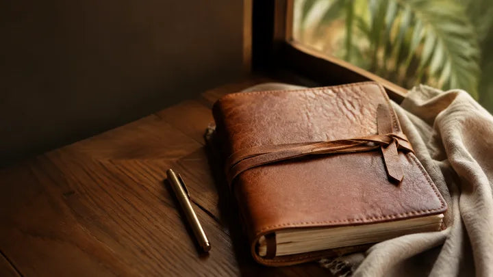 A leather journal open to possibilities on a warm wooden desk